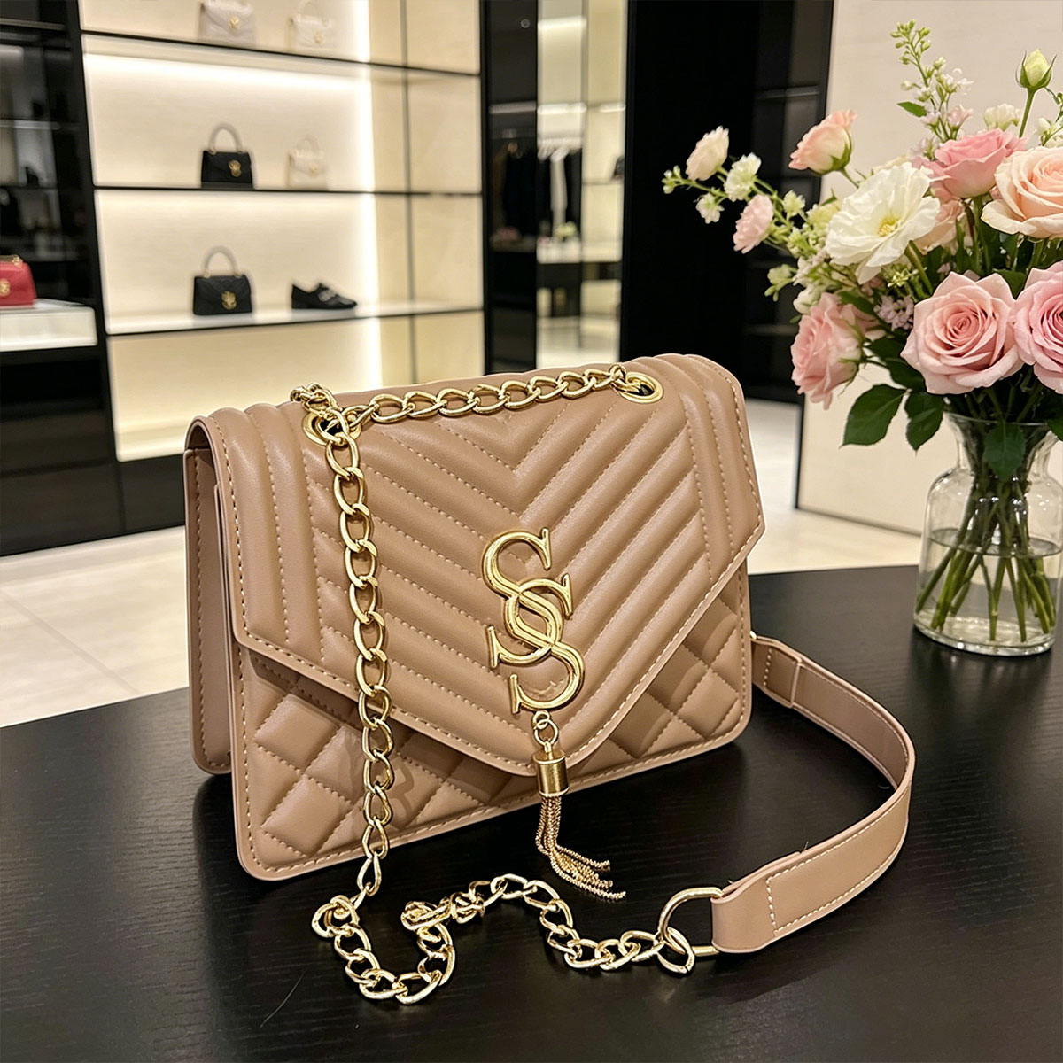 Chain Crossbody Quilted - Изысканная стеганая сумка-кроссбоди с узором аргайл,