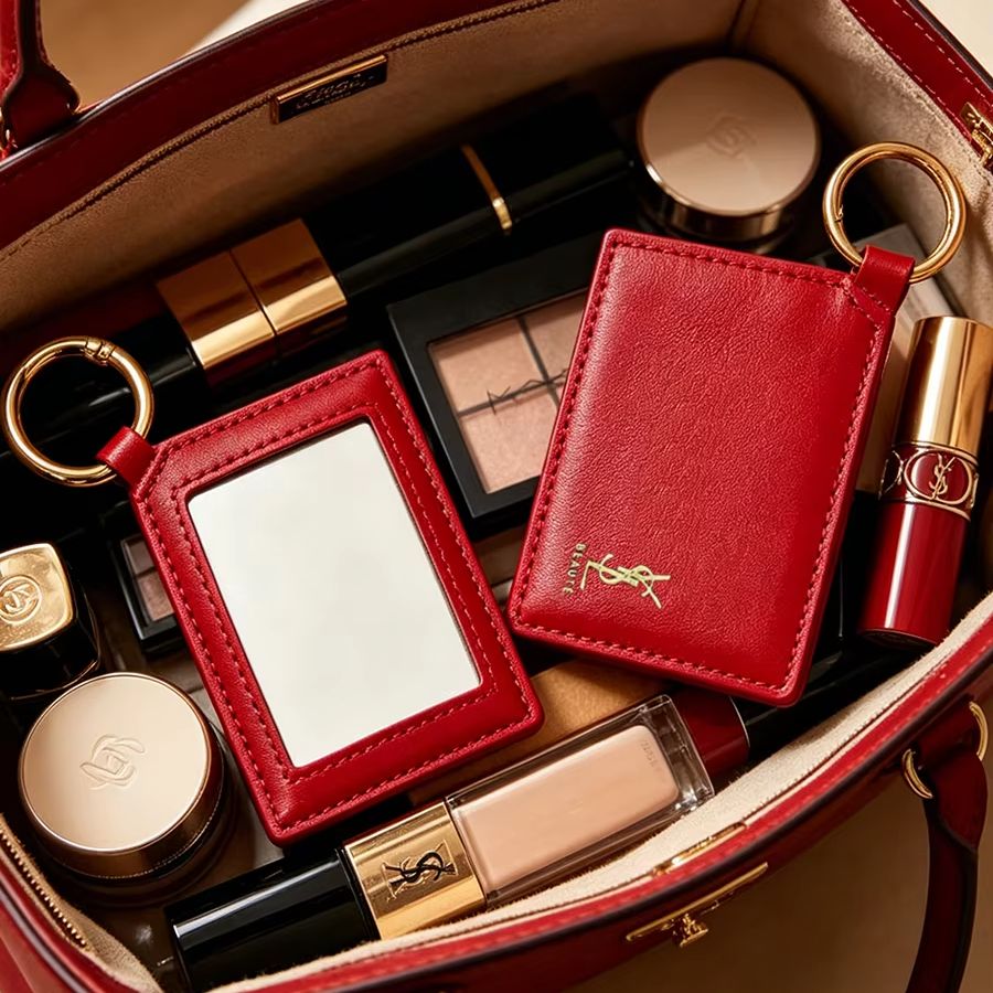 Luxury Designer Bags Ysl - Красное кожаное квадратное мини-зеркало для макияжа
